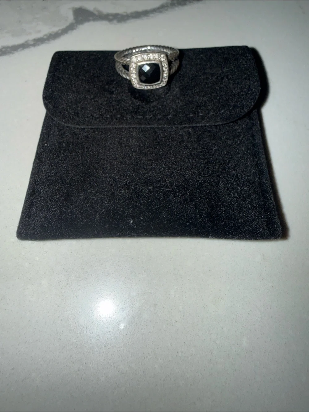 David Yurman Silver Ring with Black Center and Pavé Diamonds - Picture 4 of 6